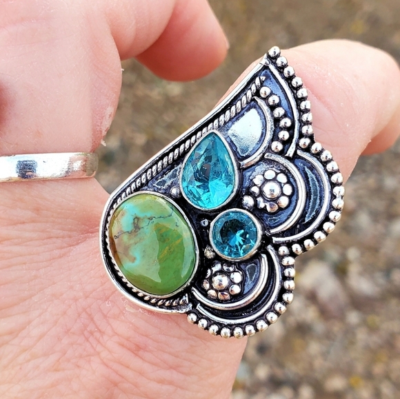 New Chrysocolla & Blue Topaz 925 Silver Ring. - Picture 7 of 16